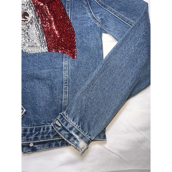 Hija De Tu Made Denim Jacket Women’s Size XS Blue Sequin Mexican Flag Distressed - Picture 15 of 16